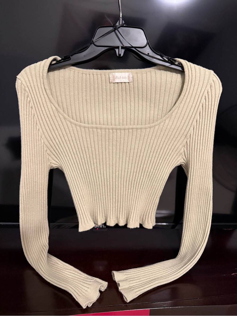 Altar'd State Ribbed Square-Neck Long Sleeve Crop Top - Beige